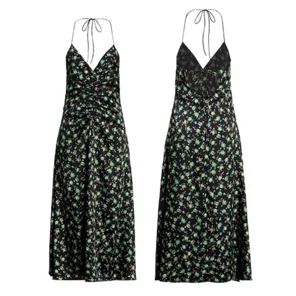 NWT Sandro Paola Black Floral Rushed Midi Slip Dress Scoop Back size 42 - Picture 1 of 10